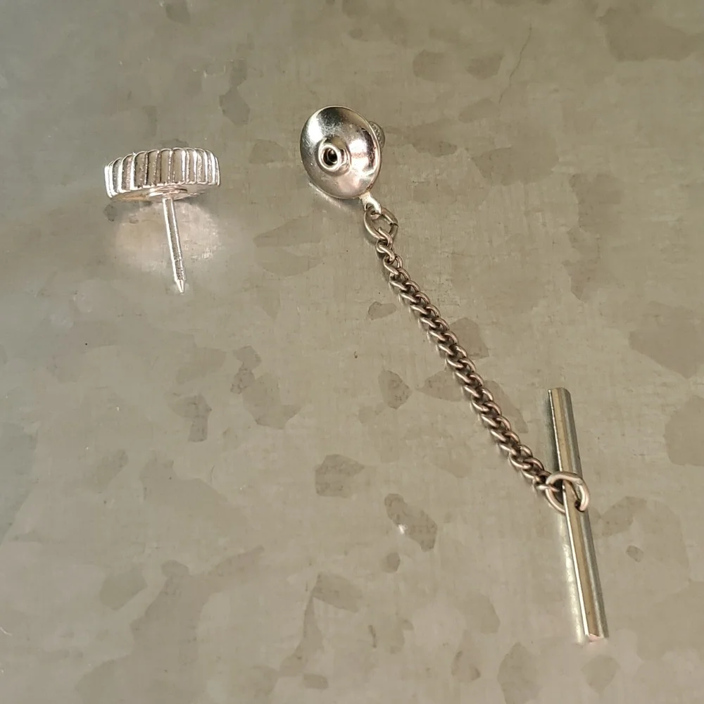 Vintage Swank Silver Tie Tack with Chain and Bar with a Smokey Glass Stone
